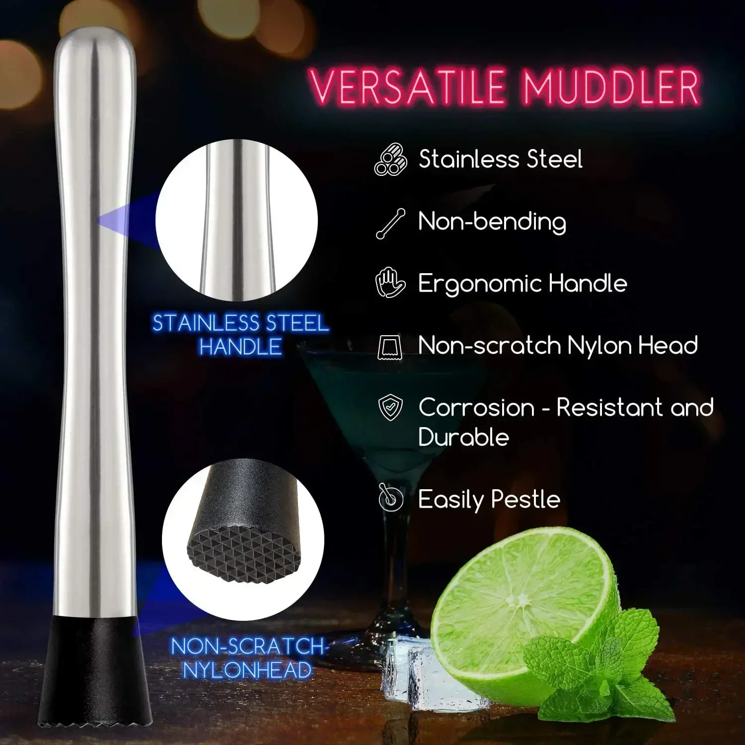 สแตนเลสสตีลค็อกเทล Muddler ชุด - Muddler Cocktail Bar บทวิจารณ์และราคา